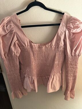 Allina Liu Smocked Square-Neck Blouse in Dusty Rose